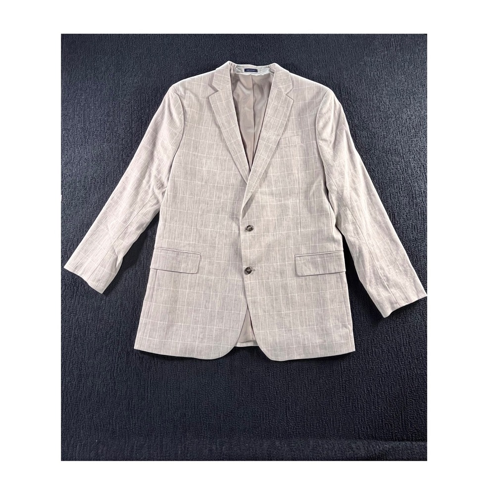 Stafford Mens 46 Long Slim Fit Sport Coat Light Tan Plaid Linen Blend Blazer